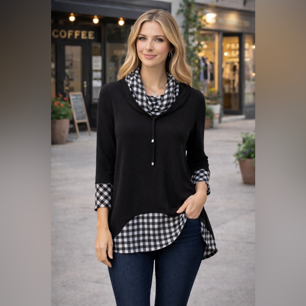 Ali Miles Black Top with Gingham Trim Cowl Neck Size S